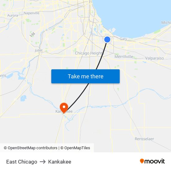 East Chicago to Kankakee map