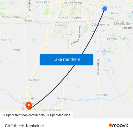 Griffith to Kankakee map