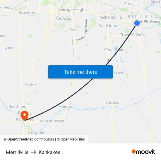 Merrillville to Kankakee map