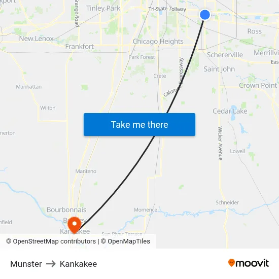 Munster to Kankakee map