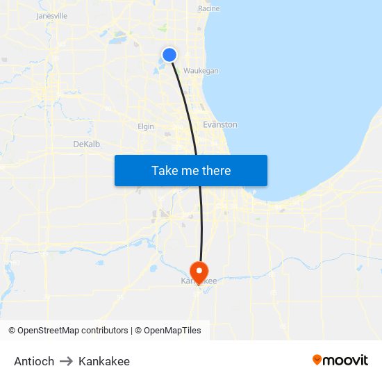 Antioch to Kankakee map