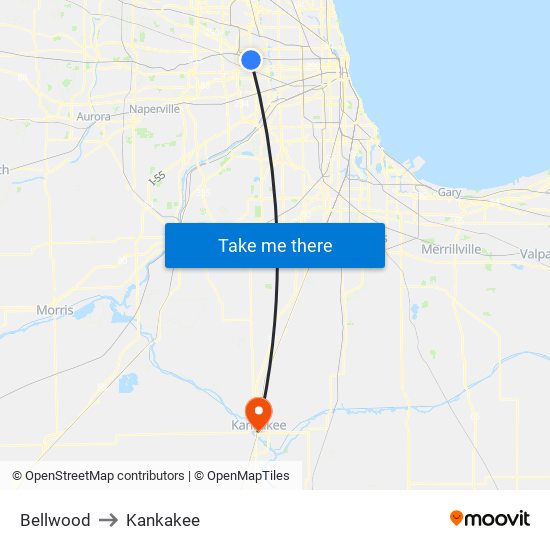 Bellwood to Kankakee map