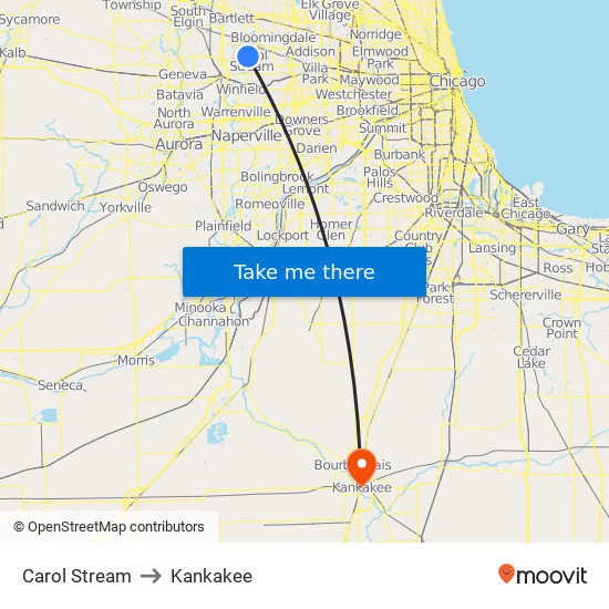 Carol Stream to Kankakee map