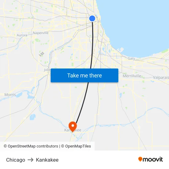 Chicago to Kankakee map