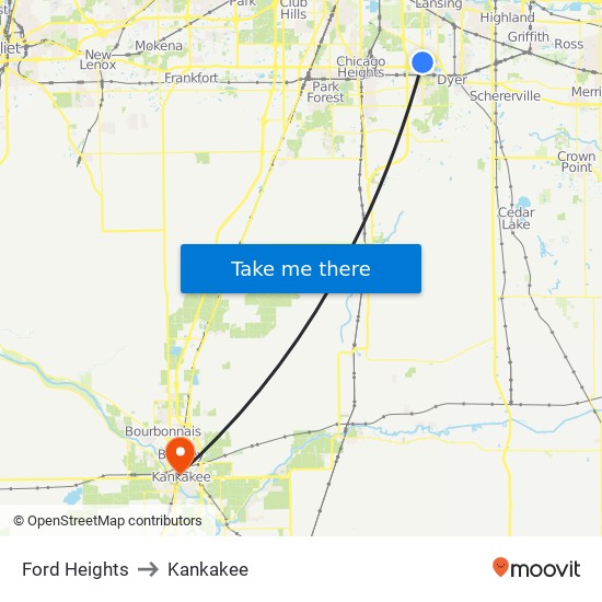 Ford Heights to Kankakee map