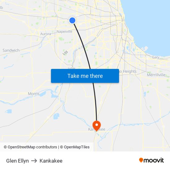 Glen Ellyn to Kankakee map
