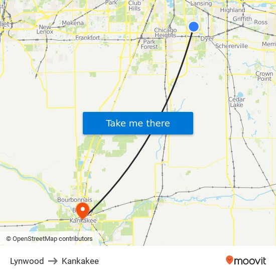 Lynwood to Kankakee map