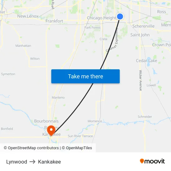 Lynwood to Kankakee map