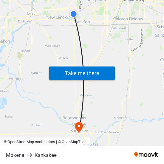 Mokena to Kankakee map