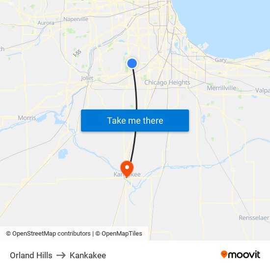 Orland Hills to Kankakee map