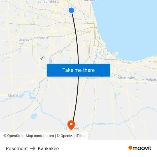 Rosemont to Kankakee map