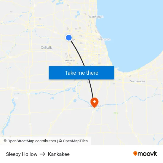 Sleepy Hollow to Kankakee map