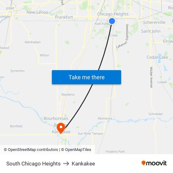 South Chicago Heights to Kankakee map