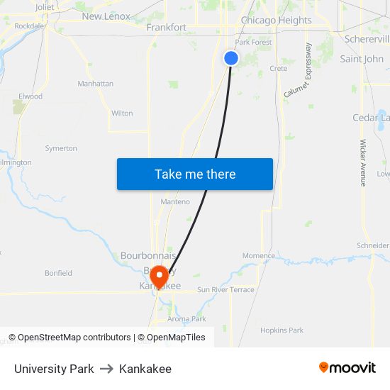 University Park to Kankakee map