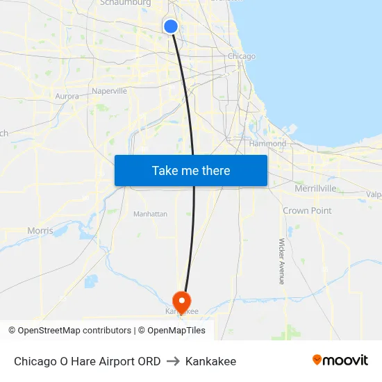 Chicago O Hare Airport ORD to Kankakee map