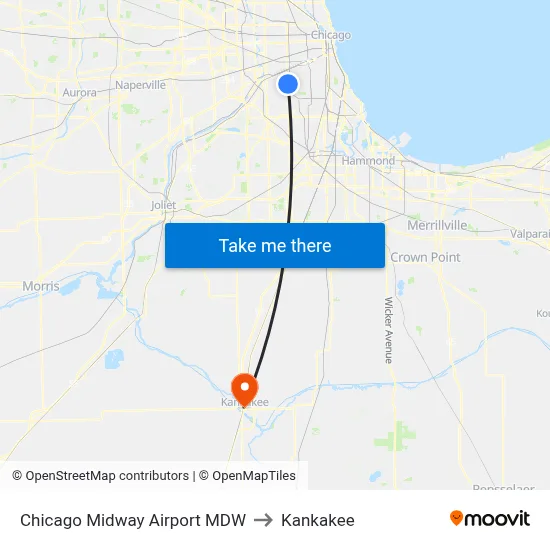 Chicago Midway Airport MDW to Kankakee map