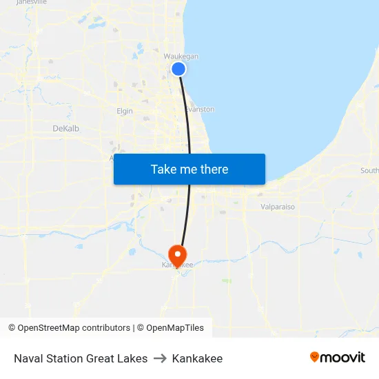 Naval Station Great Lakes to Kankakee map