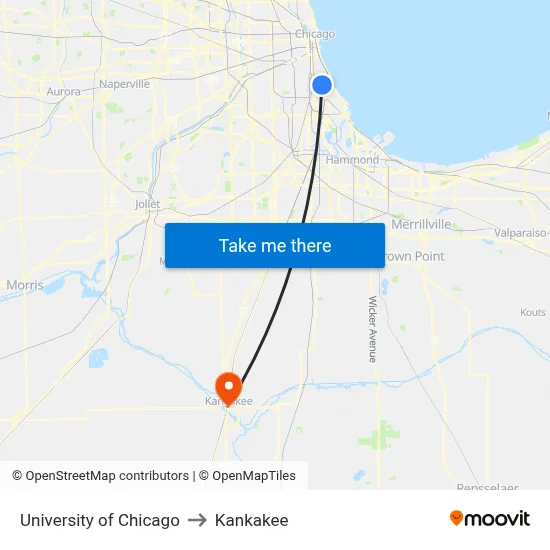 University of Chicago to Kankakee map