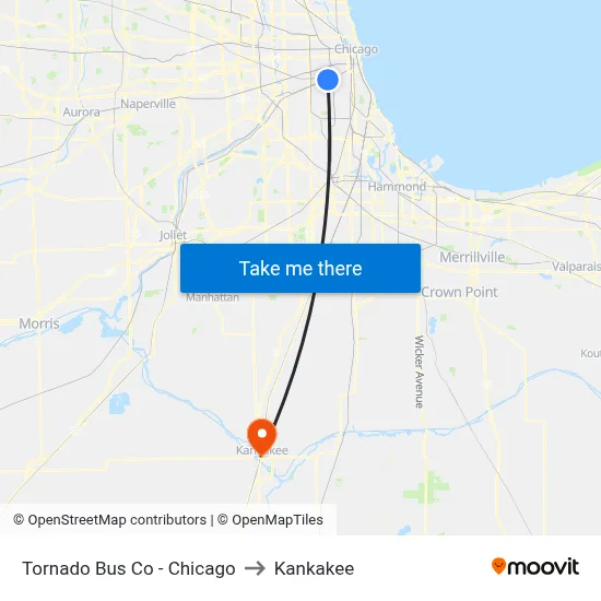 Tornado Bus Co - Chicago to Kankakee map
