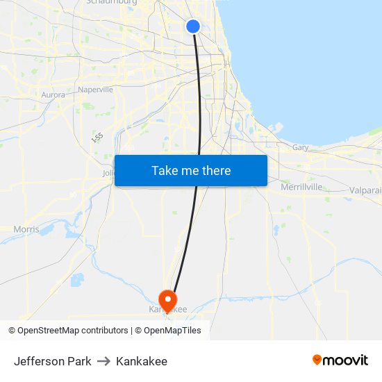 Jefferson Park to Kankakee map
