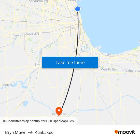 Bryn Mawr to Kankakee map