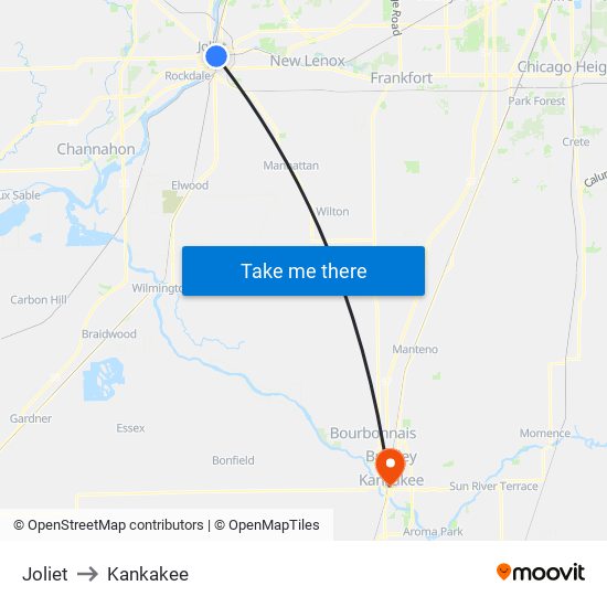 Joliet to Kankakee map