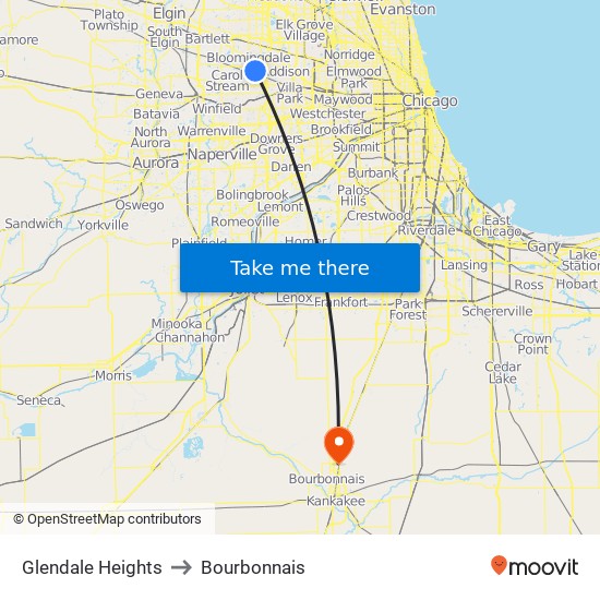 Glendale Heights to Bourbonnais map