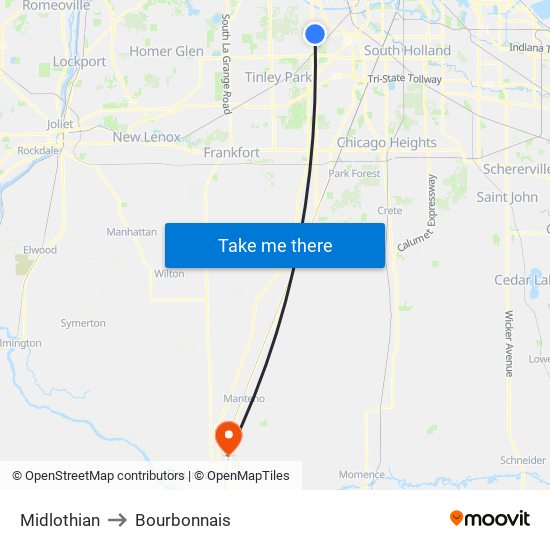 Midlothian to Bourbonnais map