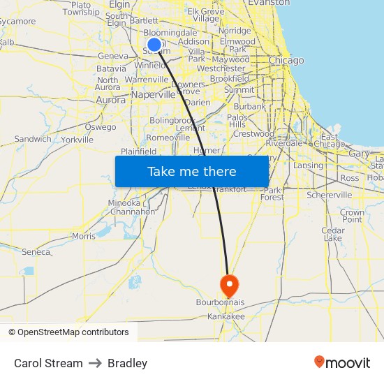 Carol Stream to Bradley map