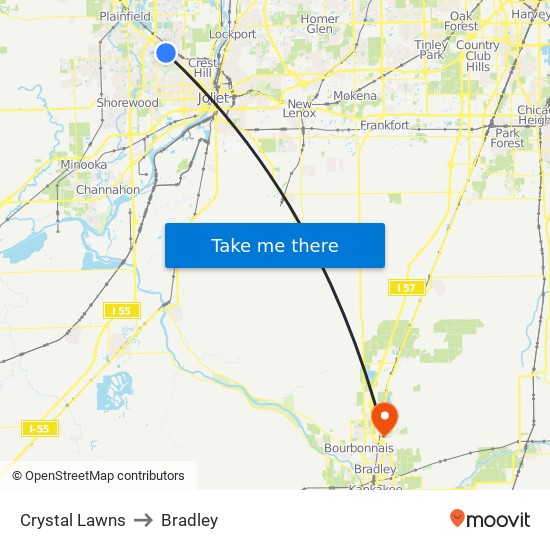 Crystal Lawns to Bradley map