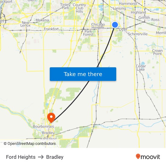 Ford Heights to Bradley map