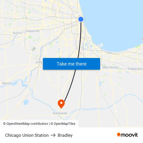 Chicago Union Station to Bradley map