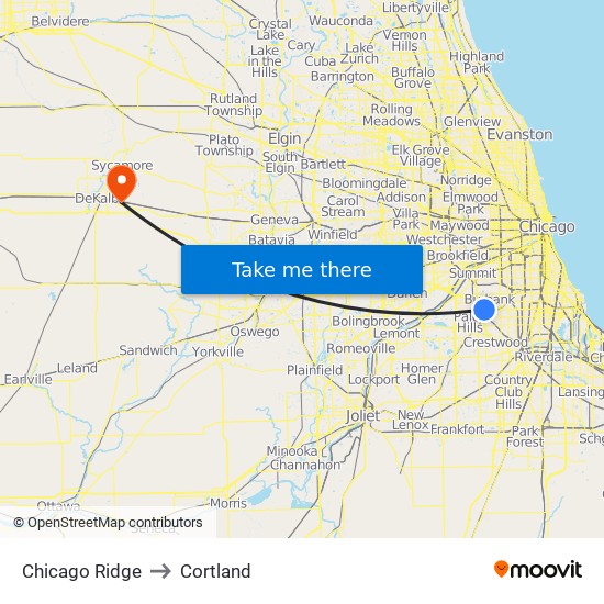 Chicago Ridge to Cortland map