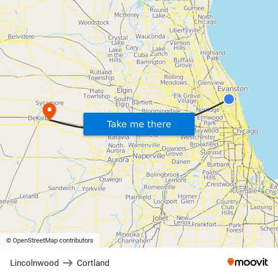 Lincolnwood to Cortland map