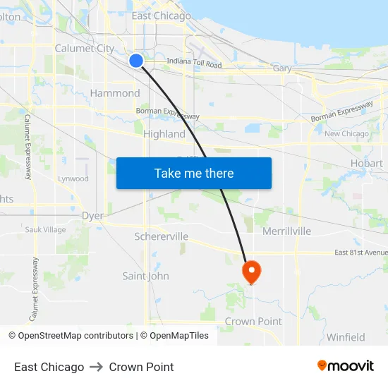 East Chicago to Crown Point map