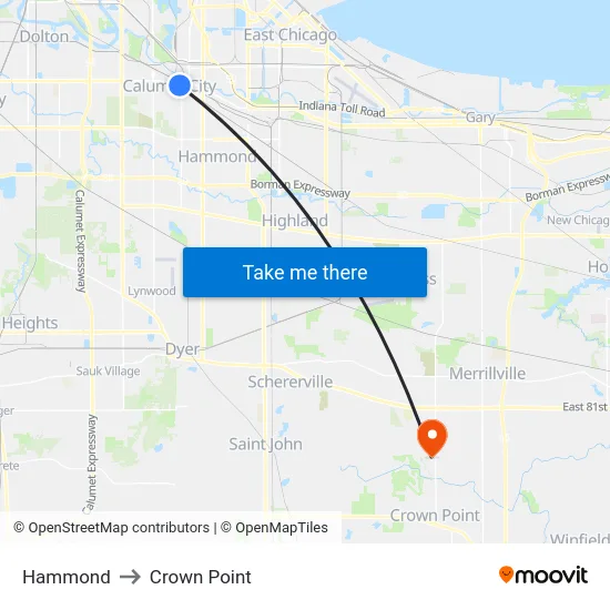Hammond to Crown Point map