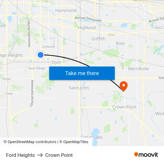 Ford Heights to Crown Point map