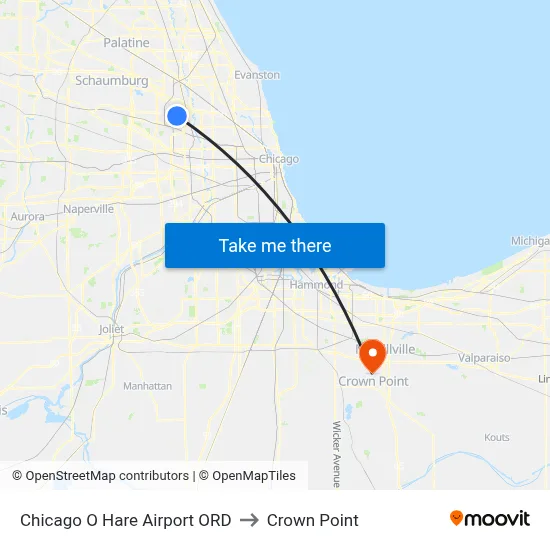 Chicago O Hare Airport ORD to Crown Point map
