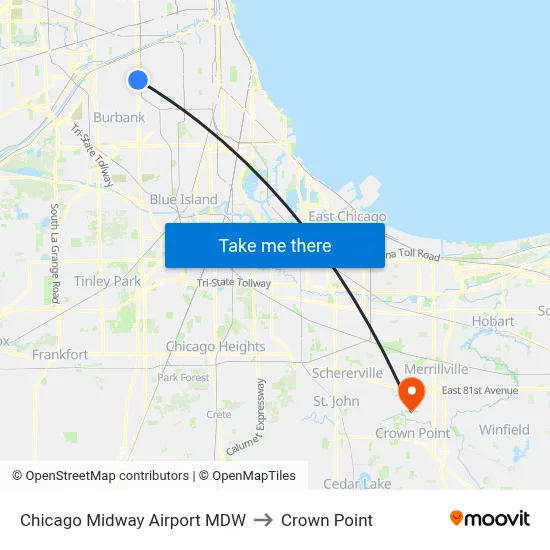 Chicago Midway Airport MDW to Crown Point map