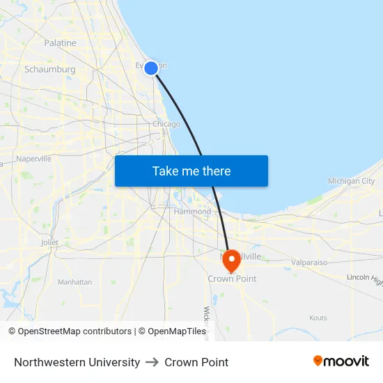 Northwestern University to Crown Point map