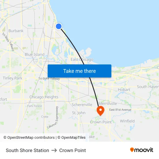 South Shore Station to Crown Point map