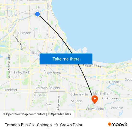 Tornado Bus Co - Chicago to Crown Point map