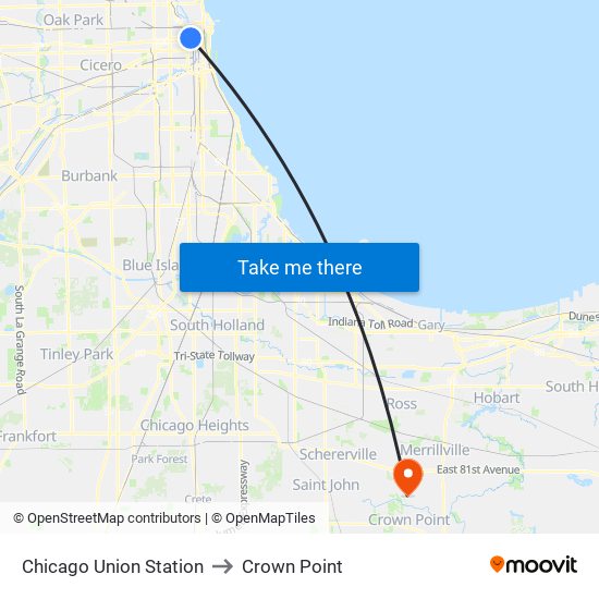 Chicago Union Station to Crown Point map