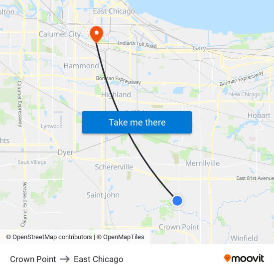 Crown Point to East Chicago map