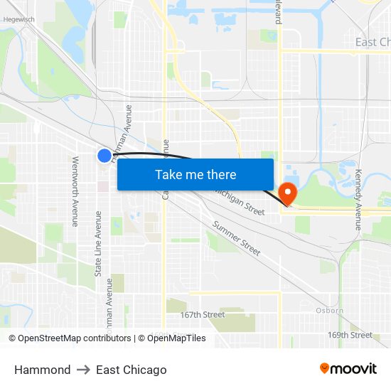Hammond to East Chicago map