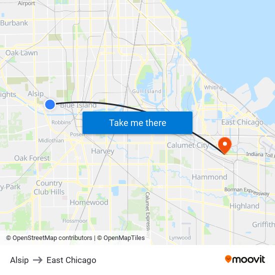 Alsip to East Chicago map
