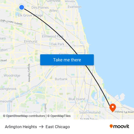 Arlington Heights to East Chicago map