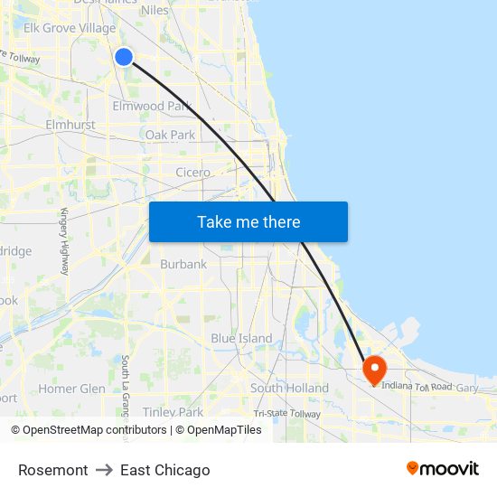 Rosemont to East Chicago map