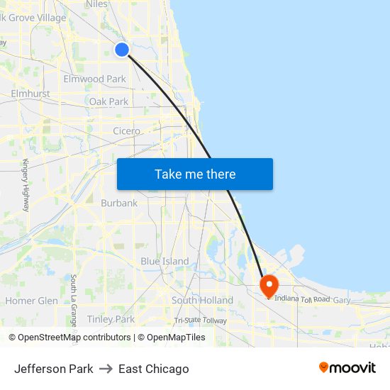 Jefferson Park to East Chicago map