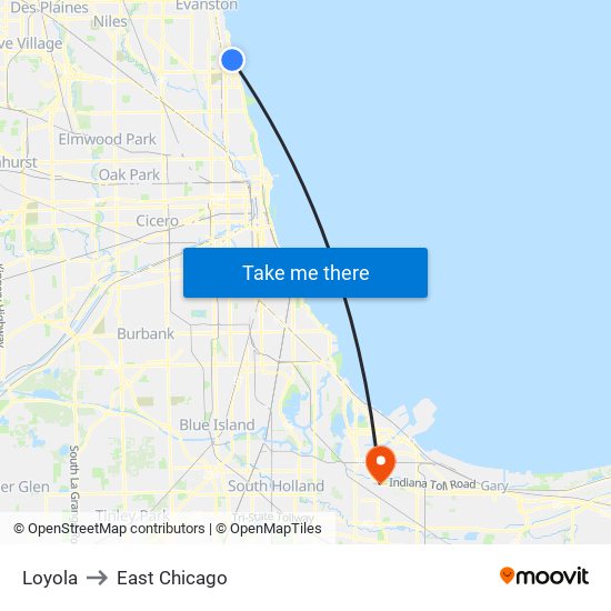 Loyola to East Chicago map